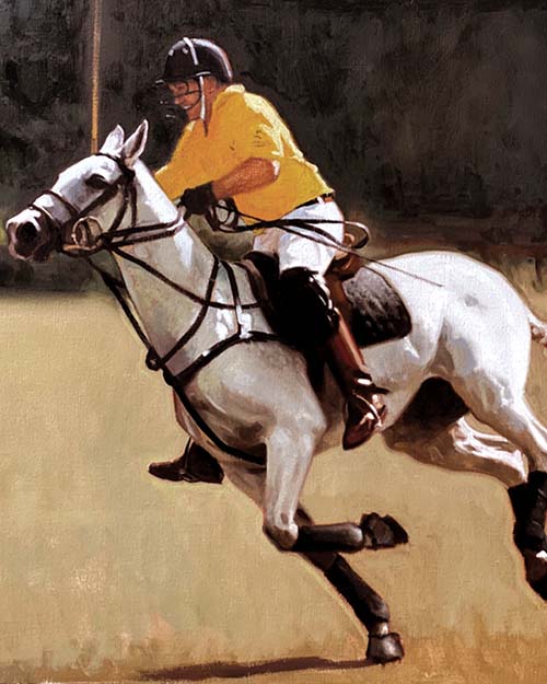 Oil Portrait Painting of a polo player on horseback, by portrait artist, Hazel Morgan